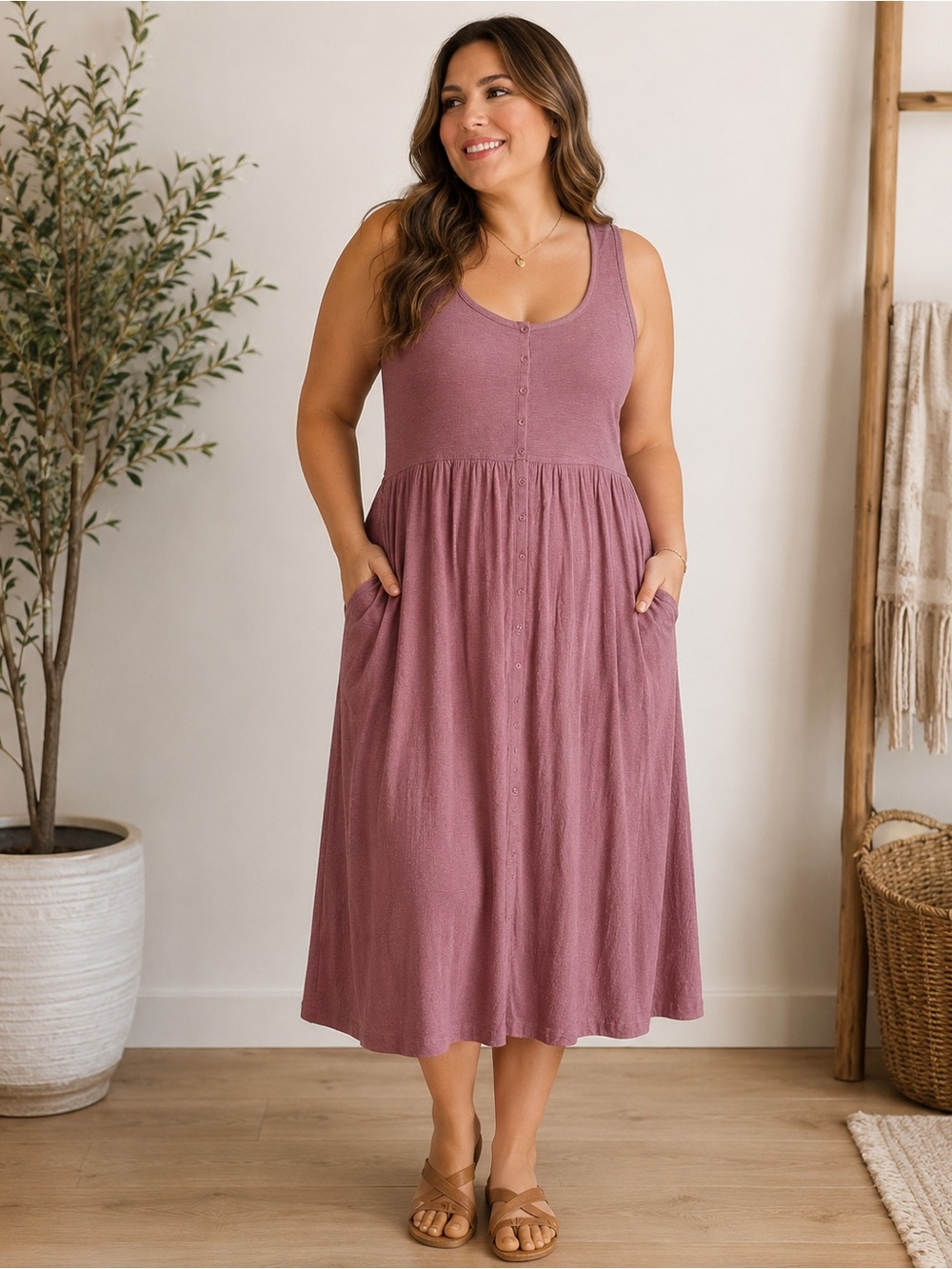 Frye Dusty Rose Mauve Button Front Midi Dress Large Boho Cottagecore Prairie EUC